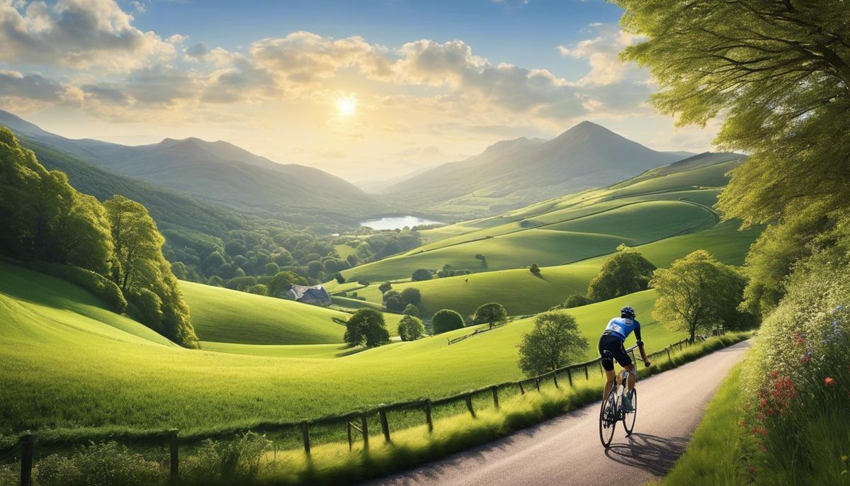 A serene image of a cyclist surrounded by lush green landscapes with distant mountains and blue sky, representing the beauty and diversity of British cycling routes.