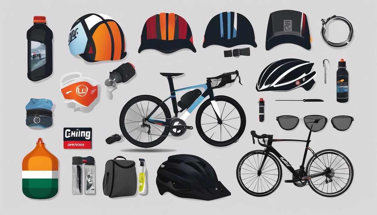 Image depicting a collection of cycling essentials, including a bicycle, helmet, map, tool kit, snacks, water bottles, and safety gear