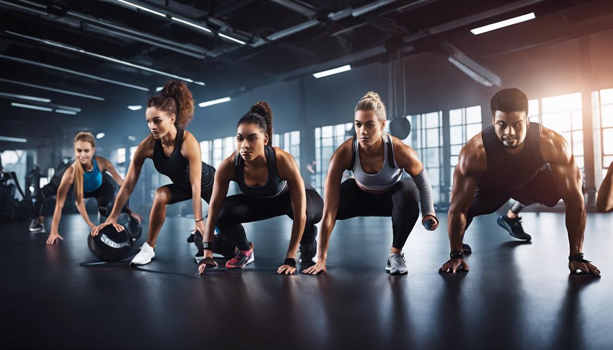 A group of diverse individuals exercising in a digital fitness environment.