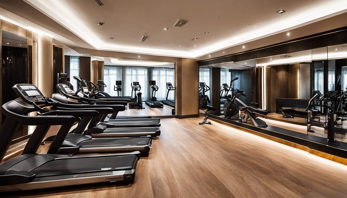 A luxurious fitness establishment in London showcasing opulent chandeliers, state-of-the-art gym equipment, and a serene ambiance.