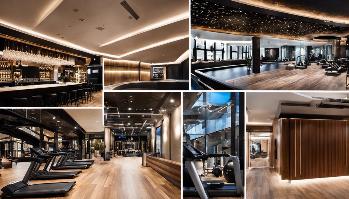 Image description: Collage of London fitness clubs' interiors, showcasing modern gym equipment, luxurious spa amenities, and a stylish cocktail bar.